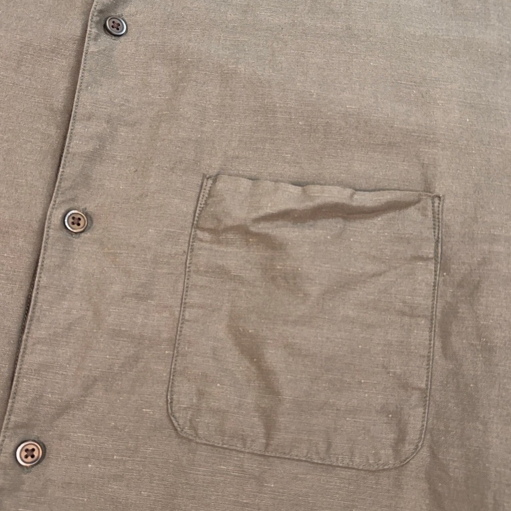 Uniqlo Linen-Cotton Shirt Mens L Olive Green Stand Collar Pocket Resort Vacation - Picture 7 of 13